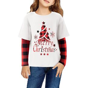 Arshiner Girls Christmas Halloween Long Sleeve Shirts Graphic Stripe Plaid Patchwork Top Tee