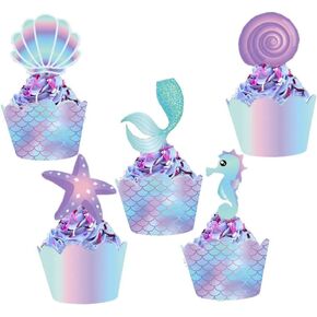 YOMINY Mermaid Cupcake Toppers and Wrappers, 40 pcs Double Side Little Mermaid Theme Decoration,Under The Sea Theme, Baby Shower Birthday Party Favor, Multicolor