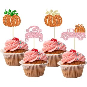 Ephlyn 24Pcs Little Pumpkin Cupcake Toppers Pink Glitter Pumpkin Birthday Baby Shower Decorations for Thanksgiving Birthday Fall Theme Party Decorations Supplies