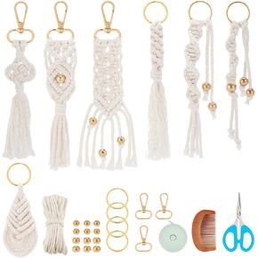 INFUNLY 7 Sets DIY Macrame Keychain Kits for Adult Beginners Macrame Wristlet Keychain Kit Twist Macrame Bag Tassel Keychain Kit with Gold Key Ring Instruction Included for Car Key Wallet Purse