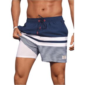 SOLY HUX Men's Swim Trunks Drawstring Waist Color Block Striped Swimsuit Bottoms Vacation Beach Shorts