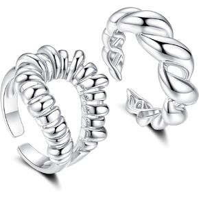 ZRU 2Pcs Silver Statement Rings Set for Women Men | Adjustable Dainty Chunky Thick Silver Plated Ring | Finger Rings Promise Friendship Single Couple Rings Silver Plated Jewelry