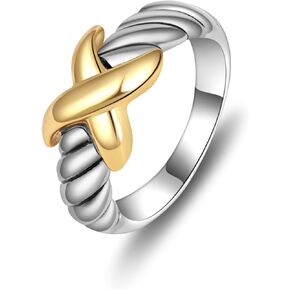Gold and Silver Crossover Rings for Women, Statement Chunky Rings 2 Tone Kont Vintage Cable Wire Ring Jewelry