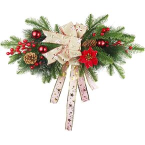 Artificial Christmas Swag Xmas Door Swags Red Berries Ribbon Bow Pine Cones Poinsettia Teardrop Christmas Swag Wreath for Outdoor Wall Front Door Lintel Mailbox Mantels Stair Hanging Decor