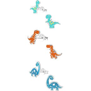 ICYROSE 925 Sterling Silver Set of 3 Pairs Assorted Dinosaur and Friends Stud Earrings (Nickel Free)