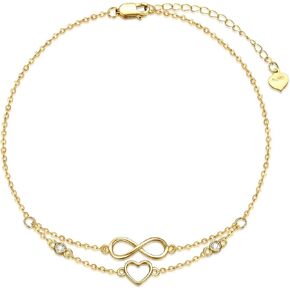 14K Real Gold Infinity Heart Anklet for Women, Yellow Gold Infinity Layered Anklets Bracelets Beach Foot Jewelry Birthday Christmas Gifts for Mom Wife Girlfriend, 8+2 Inch