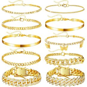 Quelay 10 Pcs Gold Ankle Bracelets for Women Waterproof 14k Gold Plated Link Chain Layered Anklets Adjustable Beach Foot Bracelet for Women Gold Jewelry Gifts
