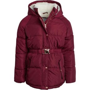 Girls' Quilted Puffer Jacket - Faux Memory Belted Winter Coat for Girls with Cozy Sherpa Lining (7-16)