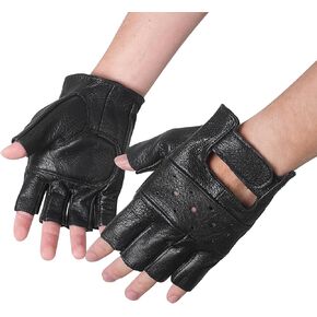 Luwint Steampunk Black Leather Fingerless Gloves, Mens Driving Costume, One Size