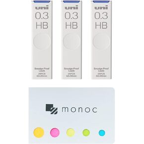 Uni Pencil Lead,"The Uni" Smudge-Proof Leads, 0.3mm HB, 25 Leads x 3 Pack &"monoc" Sticky Note(Japan Import)
