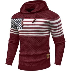 Zaitun Mens Hooded Sweatshirt Long Sleeve American Flag Knitted Hoodie Pullover Sweater
