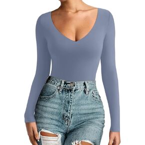 REORIA Womens Sexy Long Sleeve Bodysuit V Neck Lightweight Double Lined Basic Tops Layering Going Out Shirts 2024