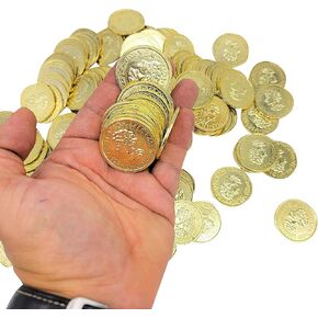 Cool Bronze Rustic Pirate Gold Coins (144 Pieces) Treasure Coins for Kids. 3D Design. Antique Look. Plastic. Large - 1 3/8" Great Party Favor for Kids, Bag Stuffers, Fun, Prizes, Pinata Filler.