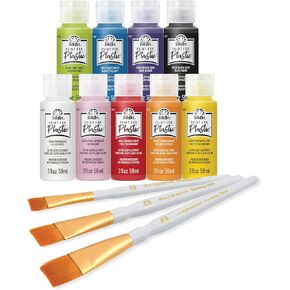 FolkArt Paint for Plastic Acrylic Craft Paint Kit, 12 Piece Set Including 3 Brushes and 9 Colors with a Satin Finish, PROMOFAPP24