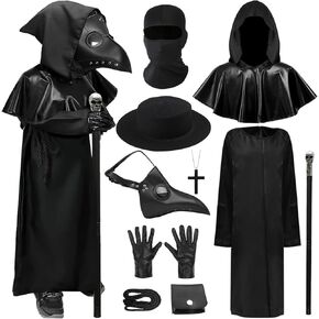 Mprocen Plague Doctor Costume for Boys Girls Funny Steampunk Halloween Cloak Robe Outfits Set Spooky Dr Beak Mask Accessories