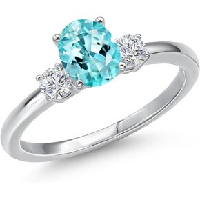 Gem Stone King 14K White Gold 7X5MM Oval Gemstone Birthstone and White Lab Grown Diamond 3-Stone Engagement Ring | Three Stone Wedding Anniversary Promise Gold Ring For Women