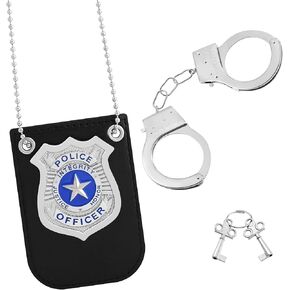 Handcuffs Toy Set with Two Keys, Police Badge, Police Cop Role Play Kit for Girls Boys Halloween Costume Prop Accessory Kit for Classroom Fun, Halloween Party