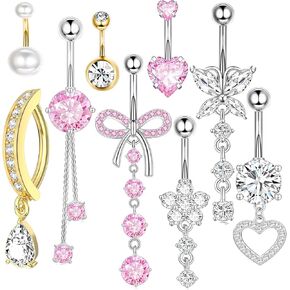 9pcs Belly Button Ring Dangle Surgical Stainless Steel 14G Hypoallergenic Belly Rings Clicker Hoop Cute Pink Heart Butterfly Belly Button Piercings for Women Dainty Dangling Navel Piercings Jewelry Pack