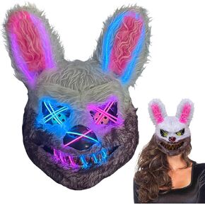 Halloween Scary Rabbit Bunny Mask, bloody bunny mask, Furry Mask With Ears, Creepy Masks, Bloody Plush Head Mask, Cosplay Costume Props Halloween Party（ice blue+pink） in Saudi Arabia