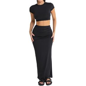 Two Piece Skirt Set for Women 2 PC Y2K Outfits Short Sleeve Crop Tops Bodycon High Waist Long Maxi Skirts