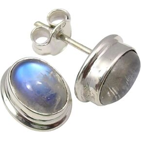 925 Solid Silver 6 x 8 mm Rainbow Moonstone Stud Earrings 0.5" Bijoux