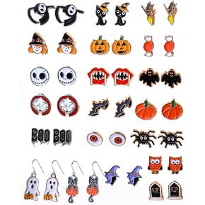 20 Pairs Halloween Earrings Halloween Spider Web Pumpkin Ghost Black Cat Stud Halloween Drop Earrings for Halloween Party Dress Up