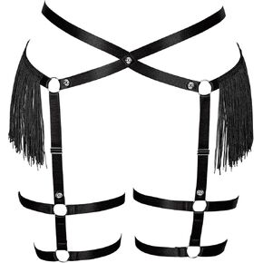 Plus Size Women Punk Gothic Garter Belts Harness Cross Tassel Hollow Out Full Cage Leg Belt Halloween Rave