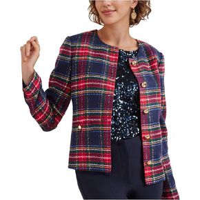 Women's Plaid Cropped Tweed Jacket Collarless Lightweight Open Front Elegant Jackets