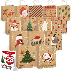 XPCARE 28 Pack Christmas Kraft Gift Bags with Handles, 9x7.5x3.5 Christmas Gift Bags, Christmas Goody Bags for Christmas Holidays Party Favors and Presents