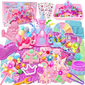 SUPERGFS Unicorn Sensory Bin for Girl Kid Toy Play Sand Art Kit with Sandbox Castle Molds Unicorn Tactile Sensory Toy Christmas Birthday Gift for Girl Toddler Ages 3 4 5 6 7 8