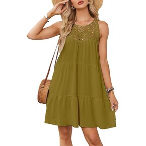 Women's Summer Halter Hollow Out Sleeveless Mini Dress Casual Ruffle Tiered A Line Sundresses Beach Vacation Dresses