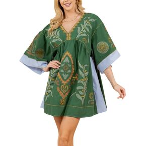 Womens Embroidered Dress with V-Neck and 3/4 Sleeves Loose Fit Vintage Embroidery Babydoll Dress