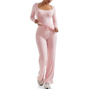 OMKAGI Womens Lounge Set Lace Square Neck Long Sleeve Tops Wide Leg Pants 2 Piece Outfits