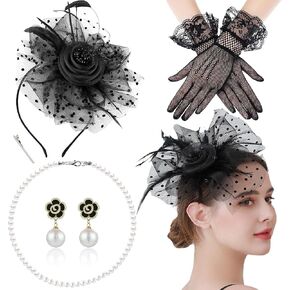 Fascinators for Women, Tea Party Hats with Pearls and Gloves, for Prom, Bachelorette Party