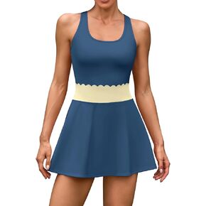 ATTRACO Tennis Dress Sets for Women Scalloped Tennis Dress 2 Piece Workout Skirt Navy Sports Dress M