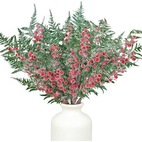 Christmas Snowy Cedar Picks 21 Inch Artificial Red Berry Pine Branches Large Frosted Cedar Sprays Christmas Faux Pine Needles Berry Cedar Sprigs for Holiday Garland Wreath Vase Floral Arrangements