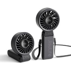 JISULIFE Handheld Fan Life7,2024 Powerful Portable Fan with LED Display,3600mAh,150°Folded,5 Speeds,Lanyard[13Hrs Max Cooling] 3-IN-1 Hand/Desk/Neck Fan,Travel Essentials Gifts for Women,Men(Black)