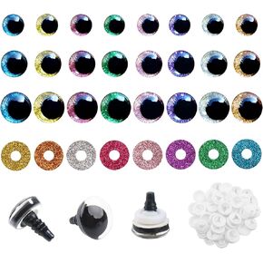 TOAOB 48 Set Glitter Plastic Safety Eyes for Amigurumis 16mm 18mm 25mm Round Craft Crochet Doll Eyes with Washers 8 Colors Cat Eyes for DIY Puppet Bear Stuffed Animals Making