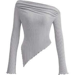 PRETTYGARDEN Women's Long Sleeve Y2K Crop Top Trendy Off Shoulder Asymmetrical Fitted Knit Tee Shirts Going Out Tops