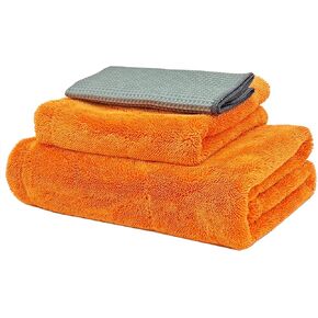 3 Pack Car Drying Towel, 24" x 36" Double Twisted Loop Car Drying Towels Extra Large, 16" x 16" Edgeless Microfiber Drying Towel and Absorbent Waffle Weave Towels for Cars Truck SUV, Orange