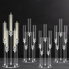 4 Pcs 5 Arms 27.2" Tall Acrylic Candelabra Centerpieces for Tables Decoration,Clear Candle Holder for Wedding,Ceremony Dinner Party,Candlestick Holders with Lampshade,Fit 0.8" LED Candle