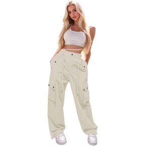 Betusline Girls & Women's High Waist Wide Leg Cargo Pants Y2K Parachute Pants with Pockets and Drawstring 6 Years-Women 2XL