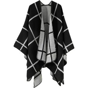 Verdusa Women's Boho Plaid Poncho Pashmina Shawl Wrap Cape Sweater Knit Oversized Cardigan