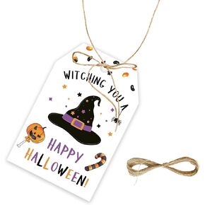 50pcs Halloween Thank You Tags, Witch Hat Gift Tag with String for Halloween Party, Witching You Thank You Paper Tags for Birthday/Witch Themed Party Favors