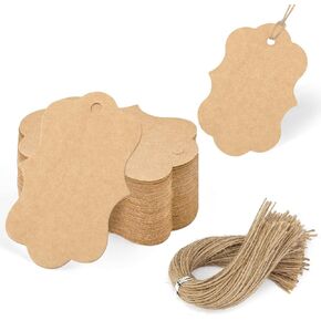 SallyFashion 100PCS Kraft Paper Gift Tags, Blank Gift Bag Tags with String Brown Hanging Price Tags for Wedding DIY Crafts Gifts