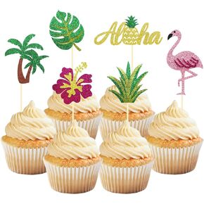 24Pcs Flamingo Cupcake Toppers, Tropical Cupcake Toppers Aloha Cake Decorations for Luau Hawaiian Theme Baby Shower Flamingo Birthday Party Supplies(Flamingo)