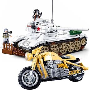 WW2 Army Tank Building Blocks Set, T34/85 Medium Tank & R75 Motorcycle Model Kit, Military Tanks Construction Toys Gifts for Boys Kids Age 6+(741 Pcs)