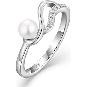 Pearl Ring for Women White Freshwater Pearl 925 Sterling Silver Cubic Zirconia Rings Anniversary Statement Promise Ring Jewelry Size 6-9