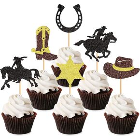 24PCS Cowboy My 1st Rodeo Cupcake Toppers Riding HorseShoe Cowgirl Hats Western Theme Happy Birthday Baby Shower Party Cake Decorations Supplies Pink 1
