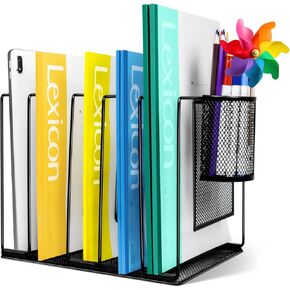 Desk File Organizer with Pen Holder, 5 Sections Metal Vertical Desktop File Folder Holder File Sorter Organizer for Home Office & School, 1Pack, Black